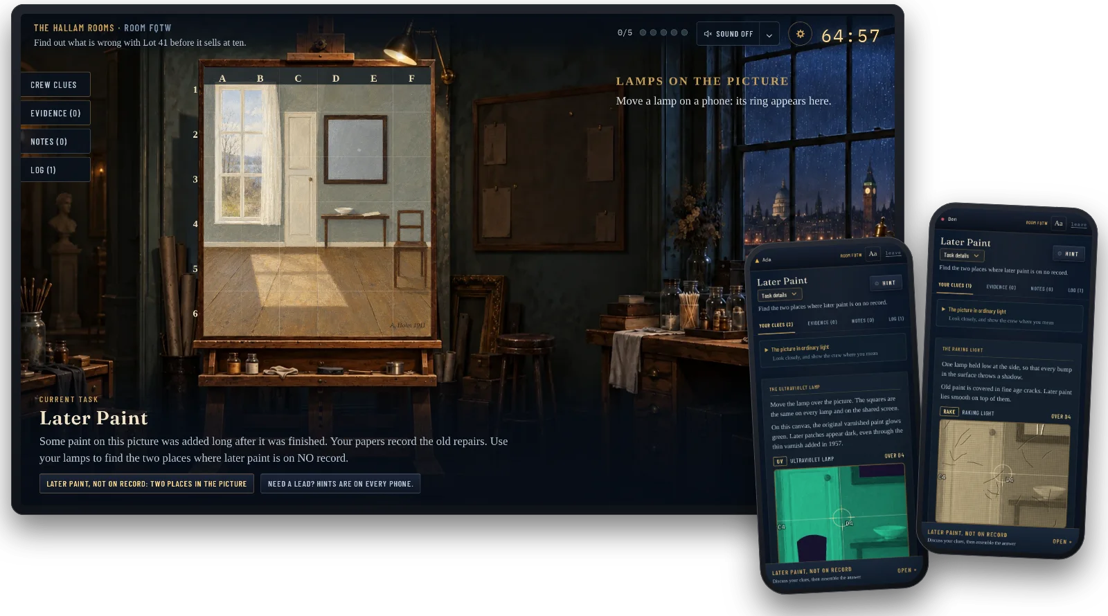 The shared board shows the painting on its easel; two phones show the same canvas under an ultraviolet lamp and a raking light.